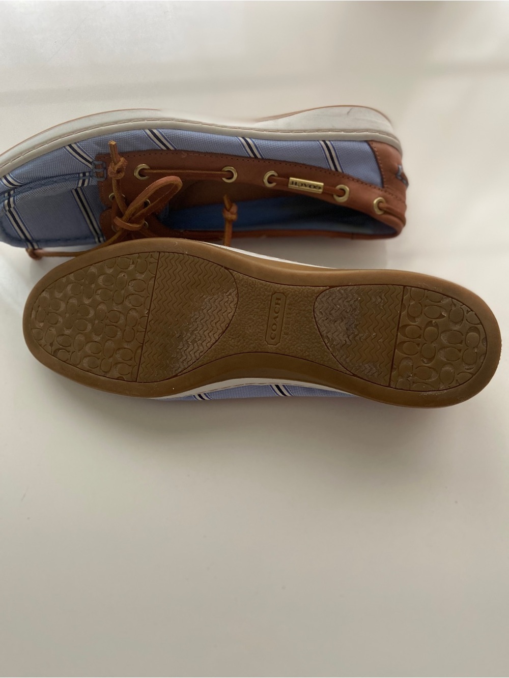 Coach Richelle Boat Shoes Canvas Nautical Blue Striped Tan Leather size 8.5 - Picture 6 of 9